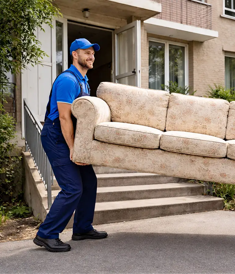 Kehrmann Service Zwei Möbelpacker tragen ein Sofa zum Transporter für die Entsorgung