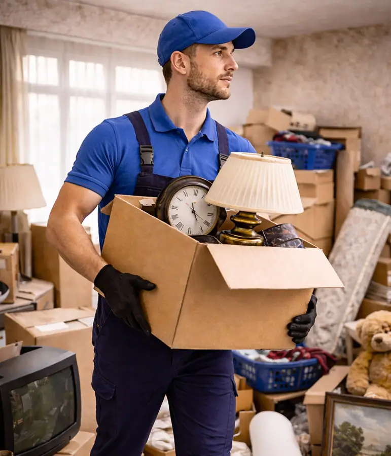 Kehrmann Service Ein Möbelpacker trägt einen Karton voll alter Sachen aus einer Messiwohnung