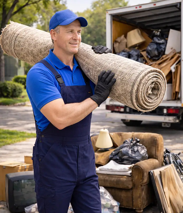 Kehrmann Service Ein Möbelpacker trägt einen Teppich vom Sperrmüll zum Lkw