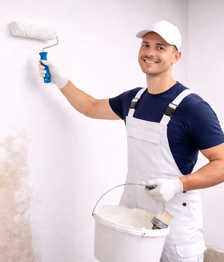 Kehrmann Service Ein Mann im weißen Overall streicht eine Wand mit weißer Farbe